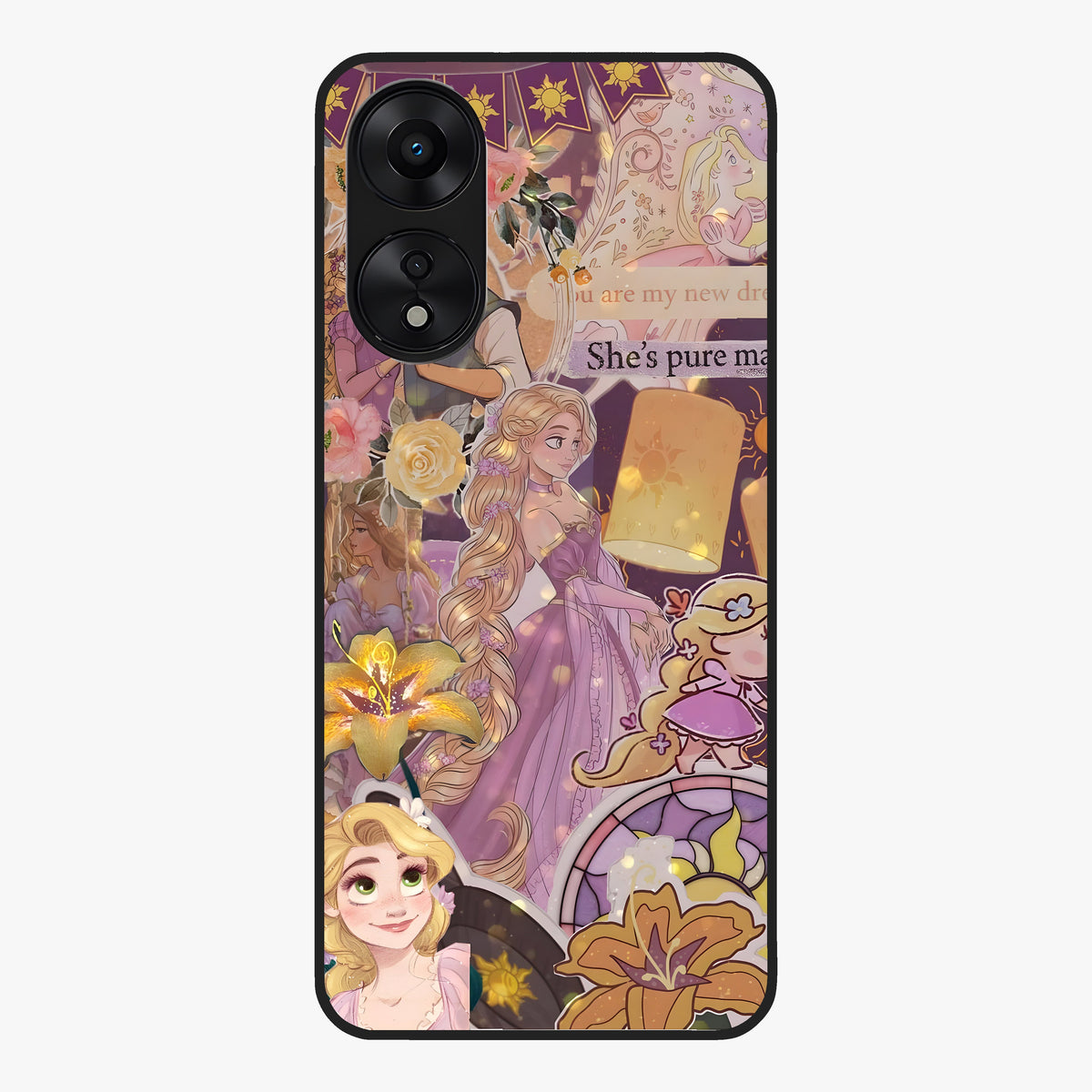 Magical Tangled Dream Glass Case showing flat back view with dreamy tangled artwork and glossy glass finish.