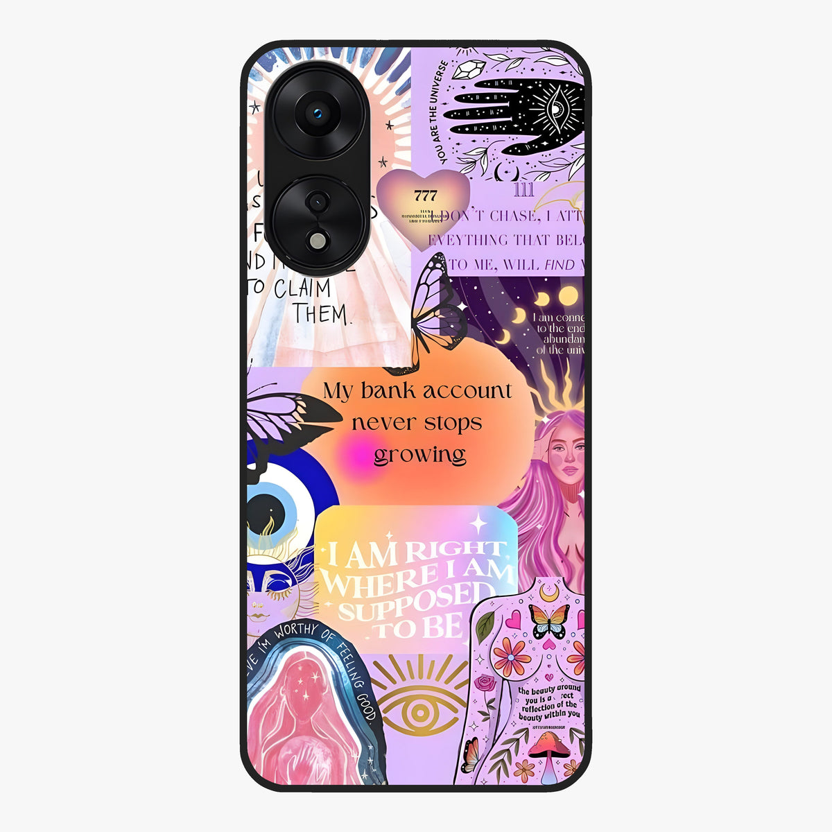 Manifestation Collage Glass Case showing flat back view with motivational collage artwork and glossy glass finish.