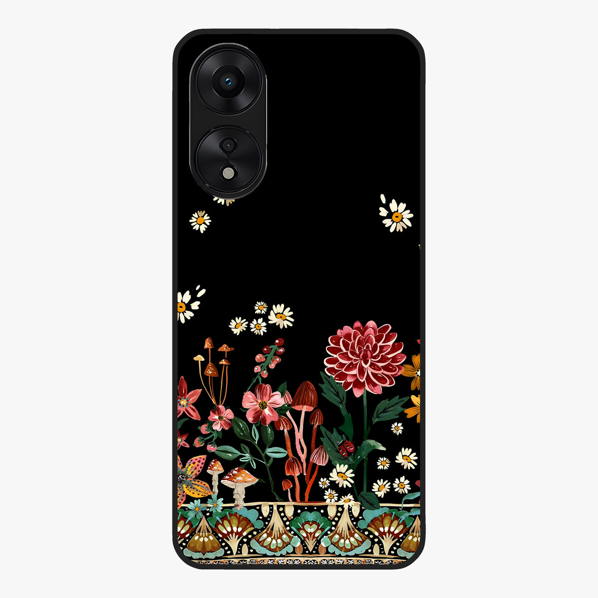 Midnight Bloom Pattern Glass Case showing flat back view with dark floral pattern artwork and glossy glass finish.