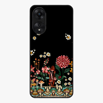 Midnight Bloom Pattern Glass Case showing flat back view with dark floral pattern artwork and glossy glass finish.