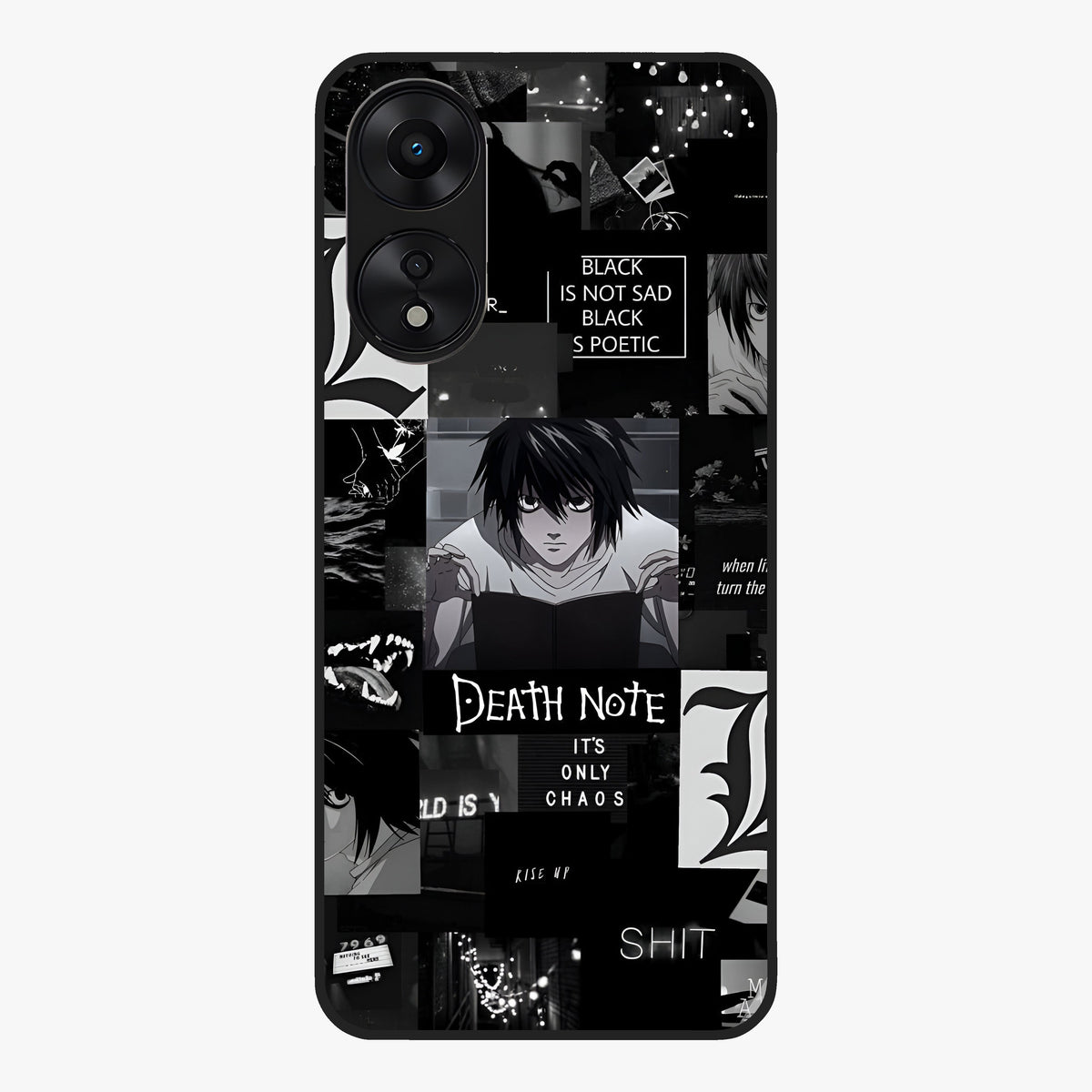 Midnight Chaos Mind Glass Case showing flat back view with abstract dark themed artwork and glossy glass finish.