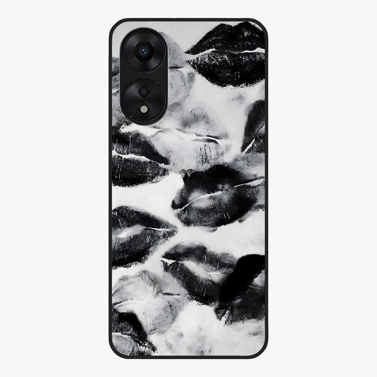 Midnight Kiss Marks Glass Case showing flat back view with lipstick kiss mark artwork and glossy glass finish.