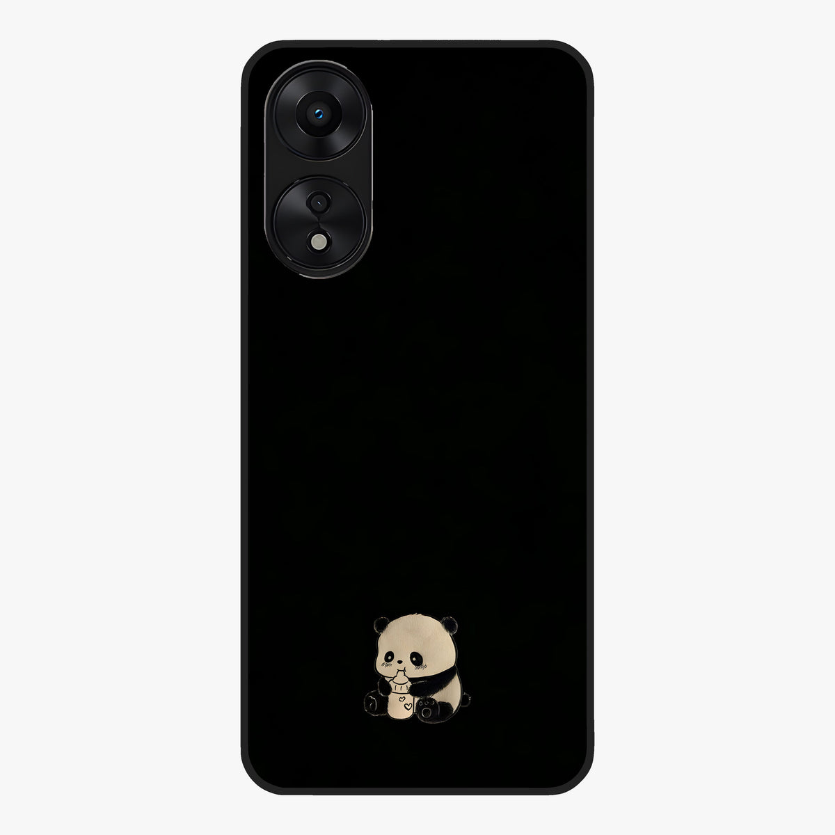 Midnight Panda Love Glass Case showing flat back view with cute panda themed artwork and glossy glass finish.