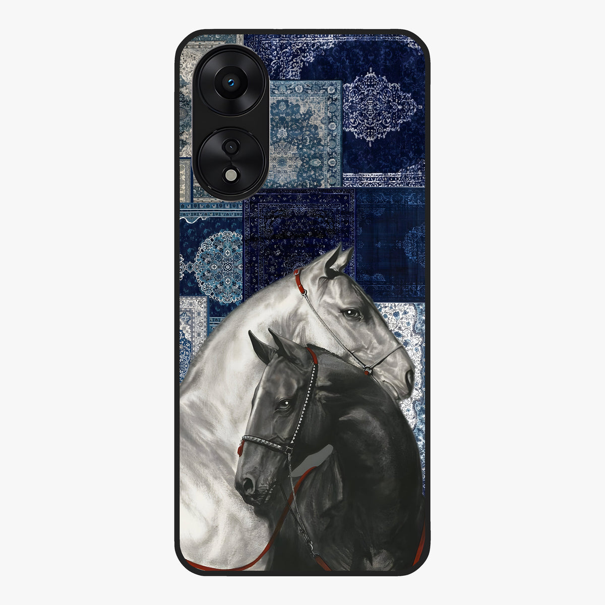 Midnight Stallion Blues Glass Case showing flat back view with majestic horse artwork and glossy glass finish.