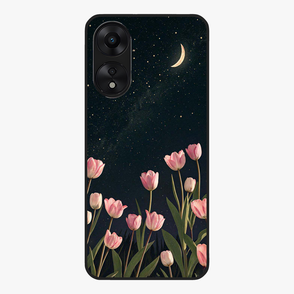 Midnight Tulip Whispers Vibe Glass Case showing flat back view with elegant tulip flower artwork and glossy glass finish.