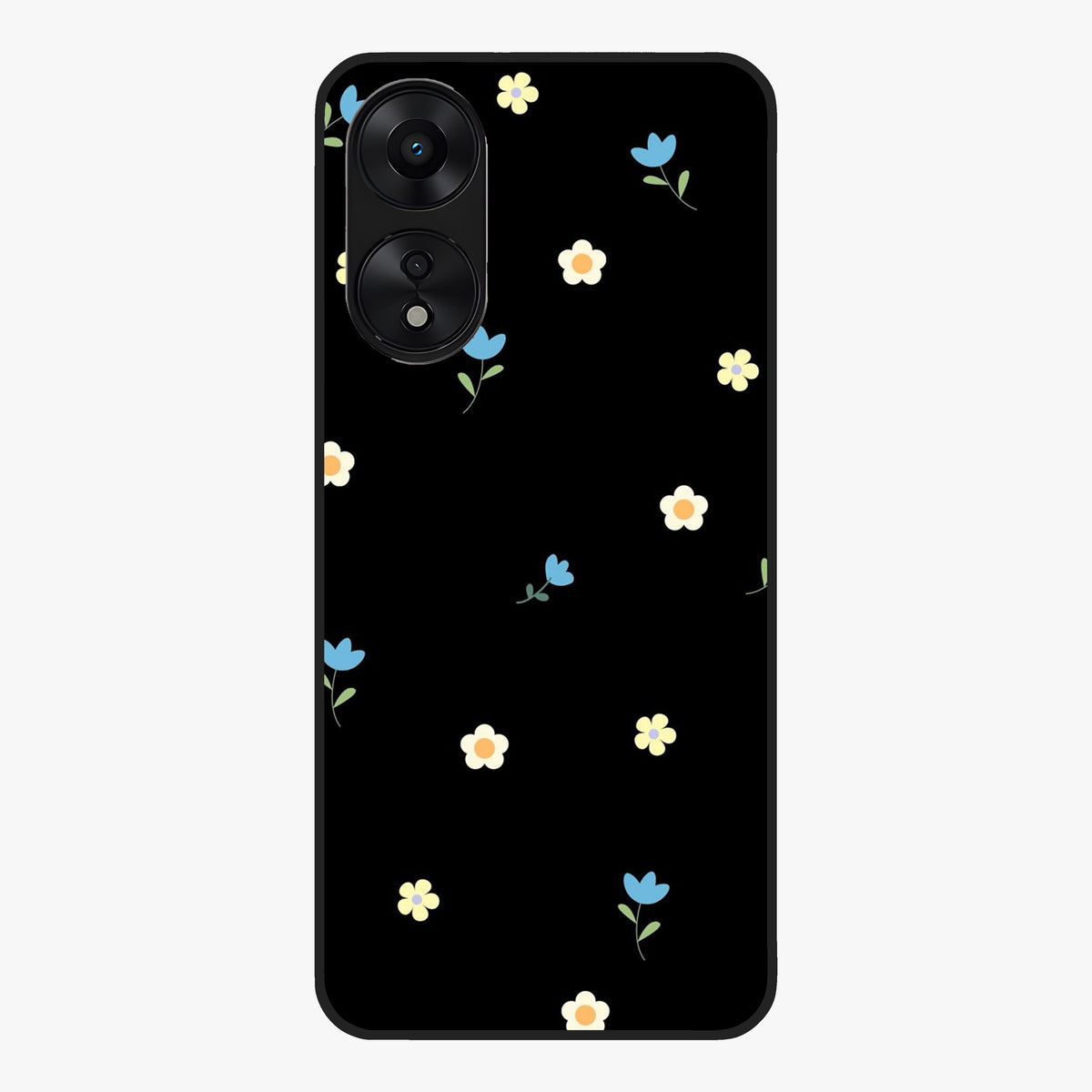 Minimalistic Blue With White Flower Pattern Glass Case showing flat back view with blue background and white flower pattern and glossy glass finish.