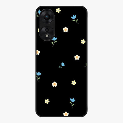 Minimalistic Blue With White Flower Pattern Glass Case showing flat back view with blue background and white flower pattern and glossy glass finish.