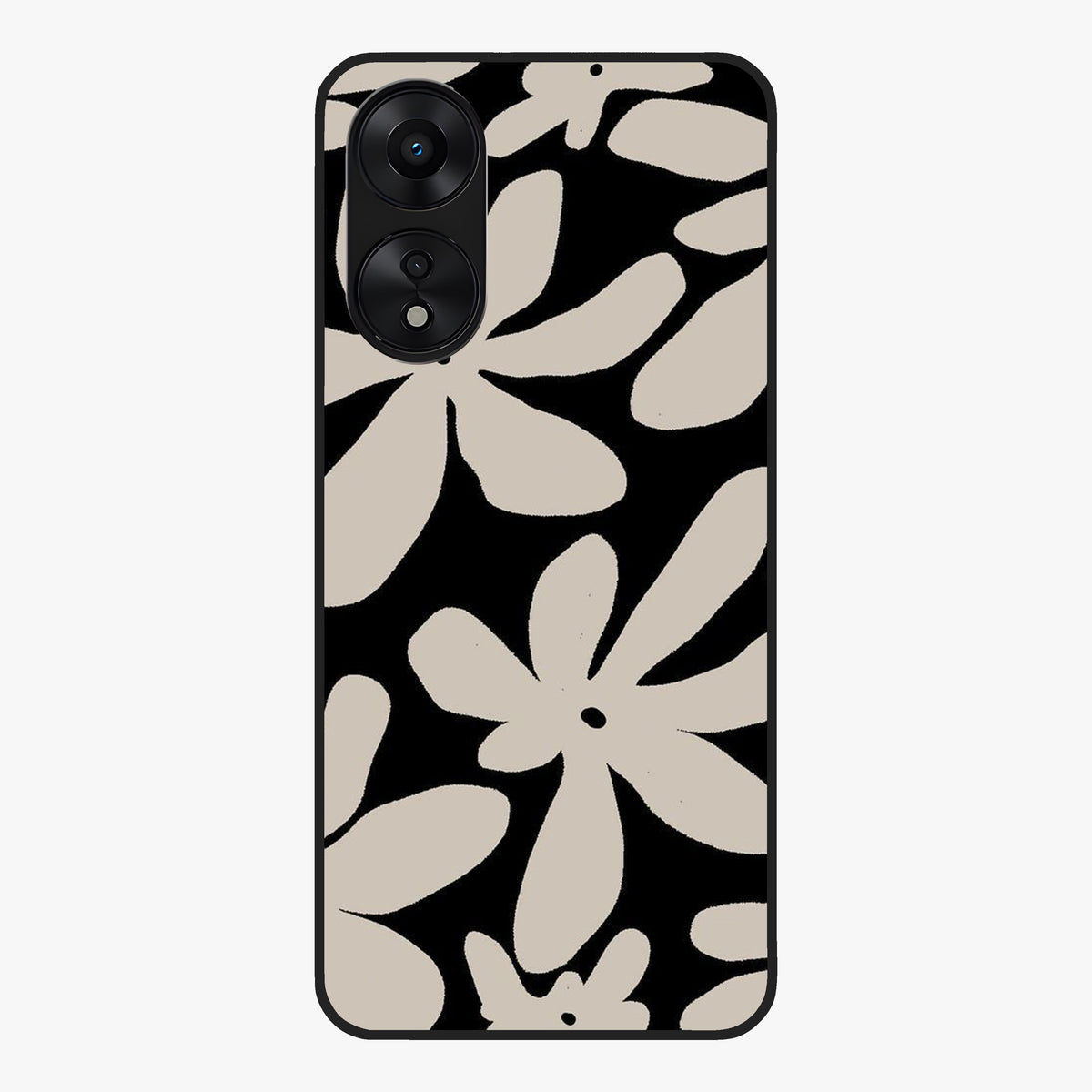Monochrome Petal Dance Glass Case showing flat back view with monochrome floral artwork and glossy glass finish.