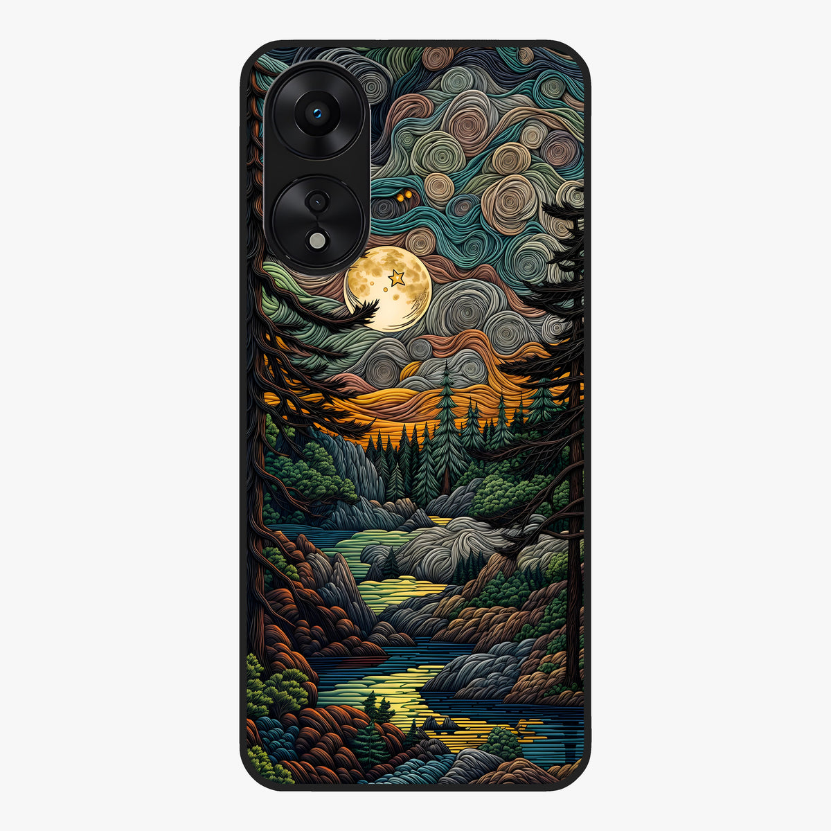 Moonlight Forest Dream Glass Case showing flat back view with mystical forest moonlight artwork and glossy glass finish.