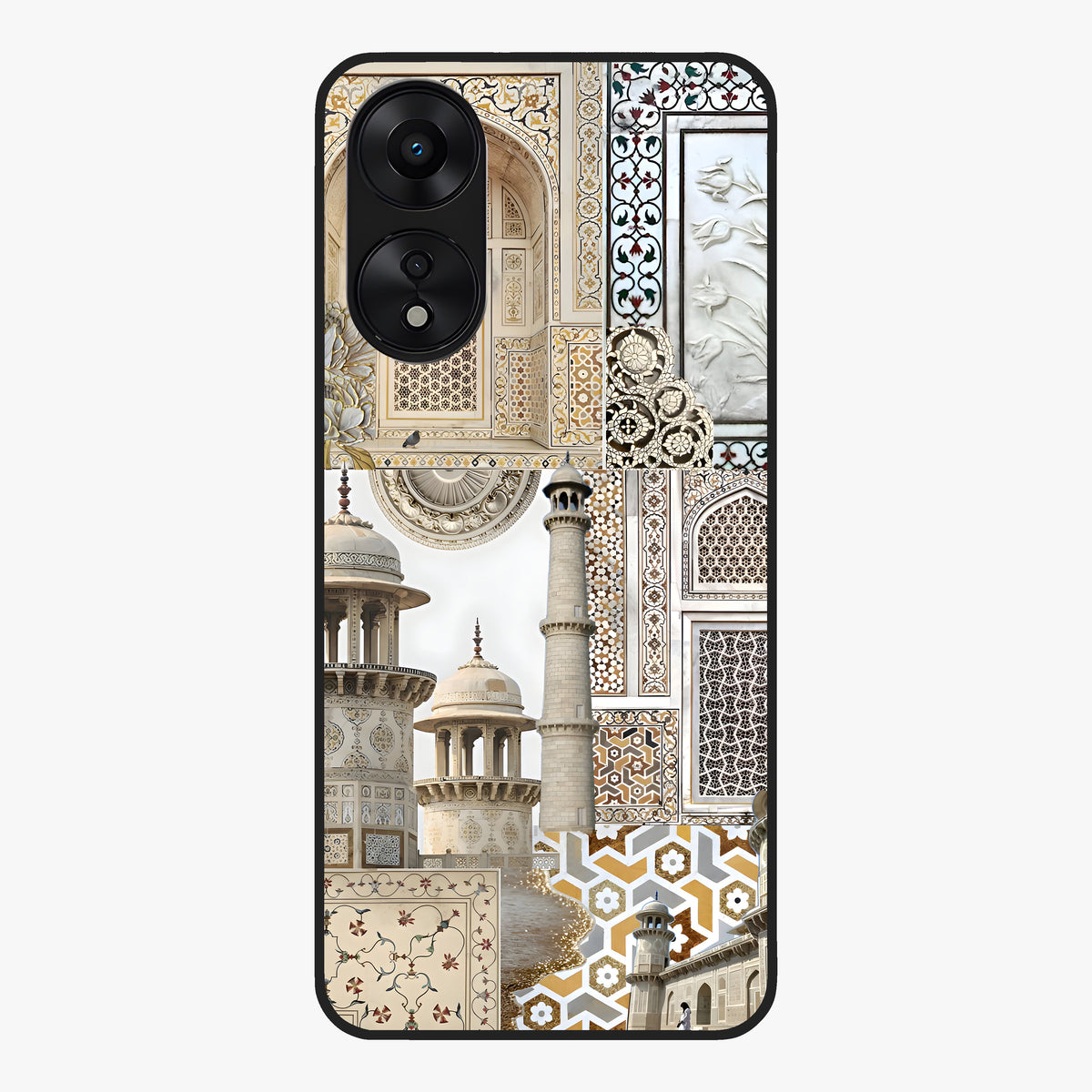 Mughal Marble Legacy Glass Case showing flat back view with intricate Mughal inspired marble pattern and glossy glass finish.