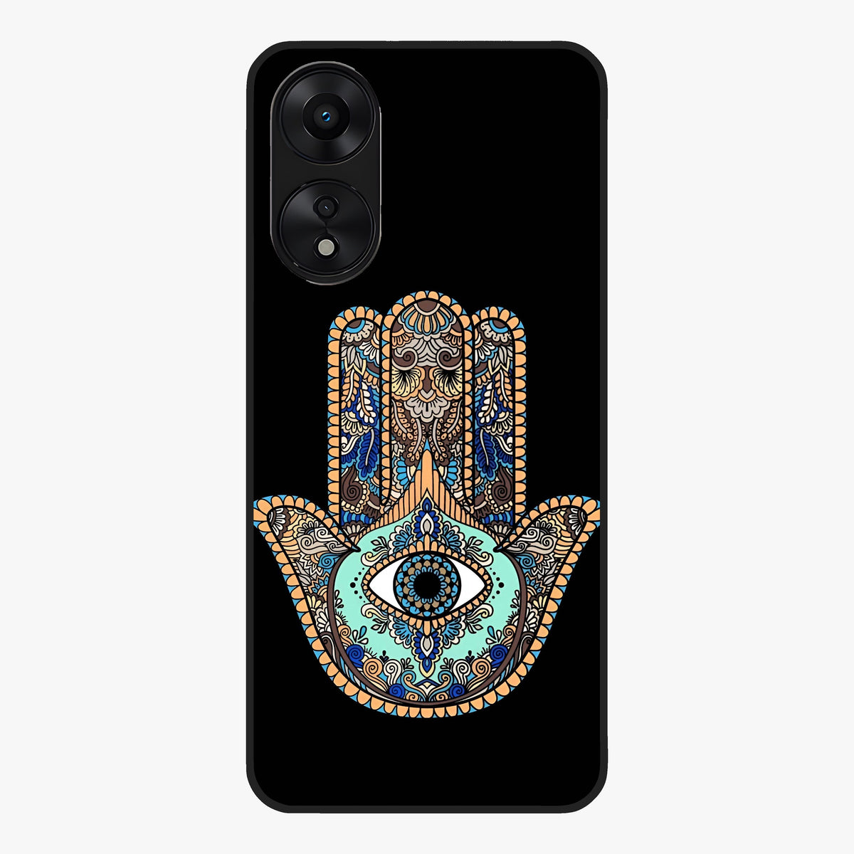 Mystic Hamsa Eye Glass Case showing flat back view with protective hamsa hand and evil eye artwork and glossy glass finish.