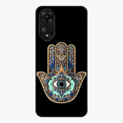 Mystic Hamsa Eye Glass Case showing flat back view with protective hamsa hand and evil eye artwork and glossy glass finish.