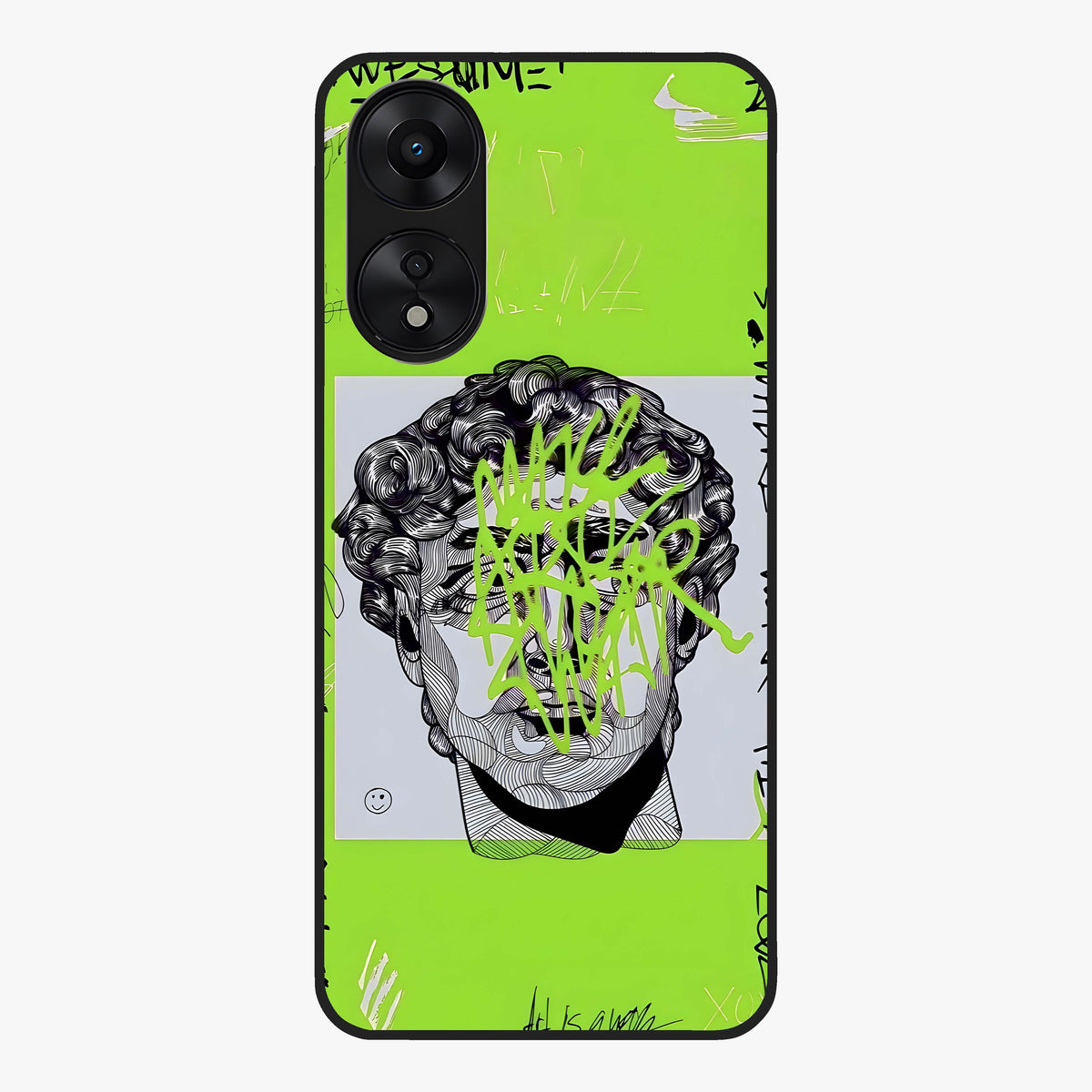 Neo Graffiti Rebellion Glass Case showing flat back view with vibrant graffiti artwork and glossy glass finish.