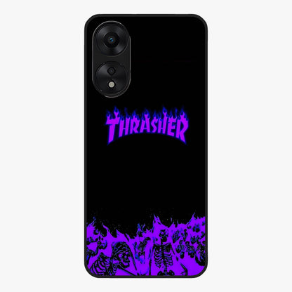 Neon Flame Riot Glass Case showing flat back view with neon flame artwork and glossy glass finish.