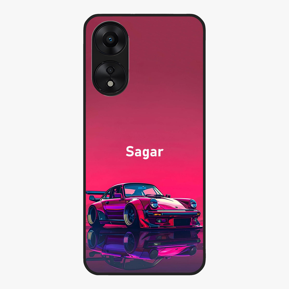 Neon Pink Porsche Glass Case showing flat back view with stylish sports car artwork and glossy glass finish.