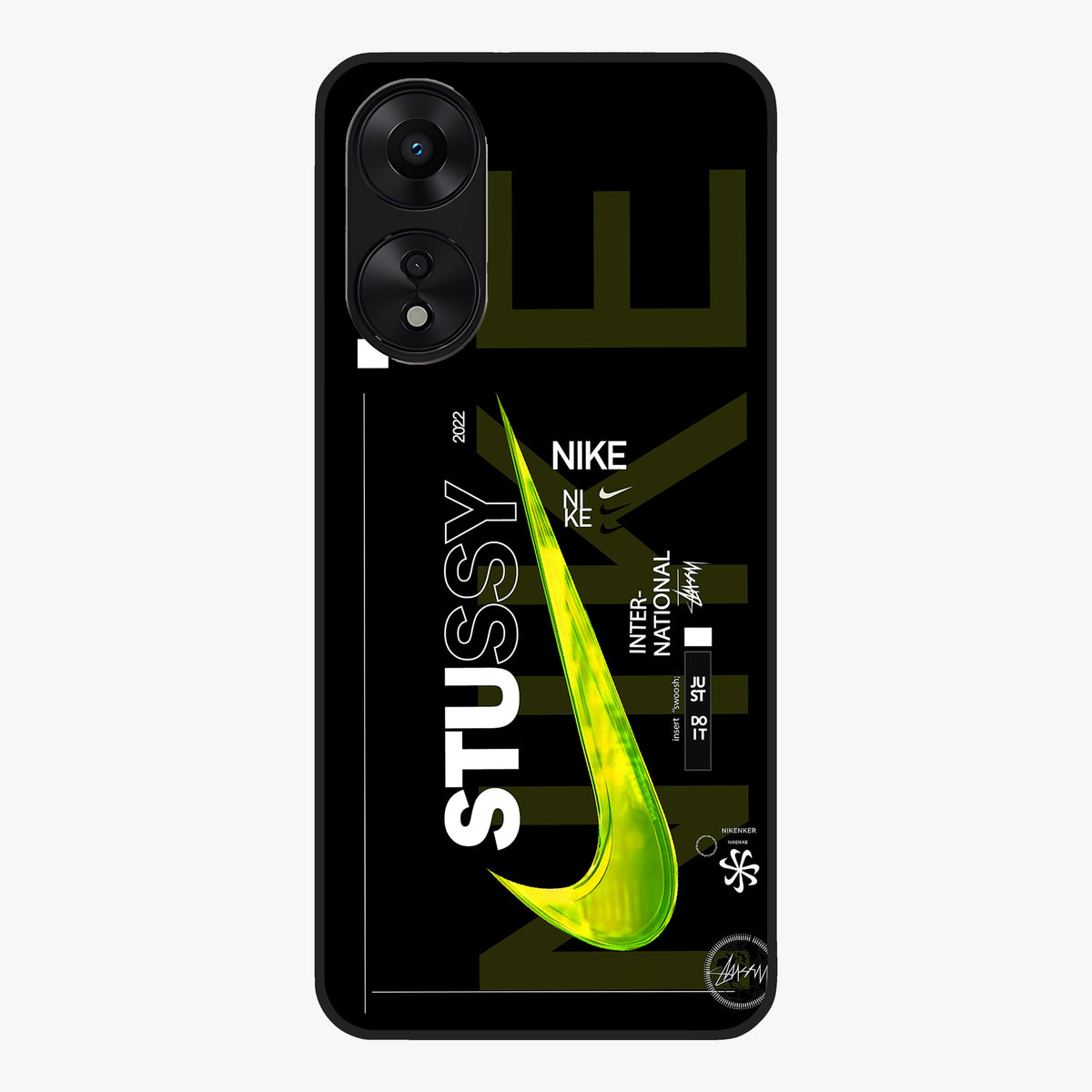 Neon Street Edition Glass Case showing flat back view with neon street style artwork and glossy glass finish.