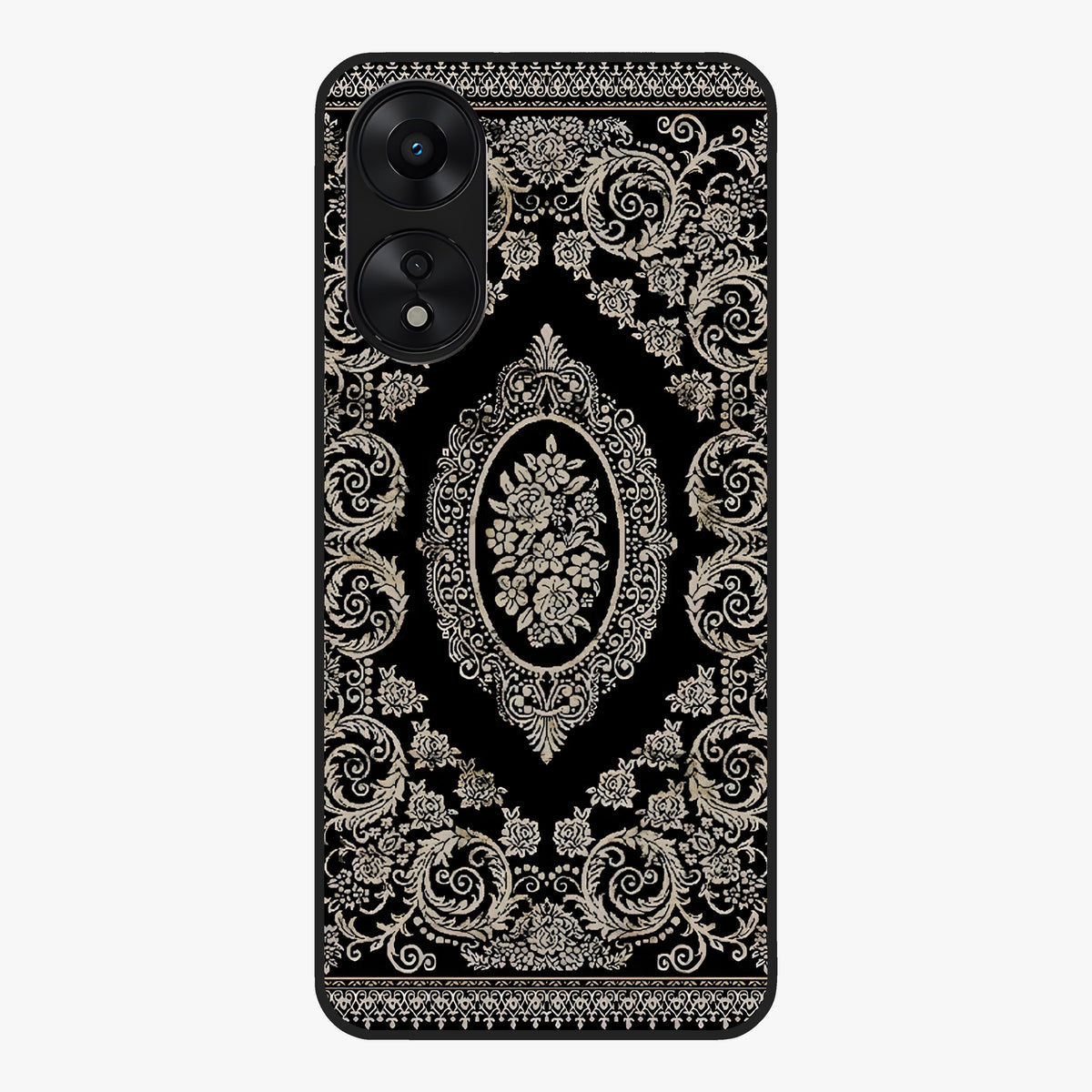 Noir Bloom Elegance Glass Case showing flat back view with elegant dark floral artwork and glossy glass finish.