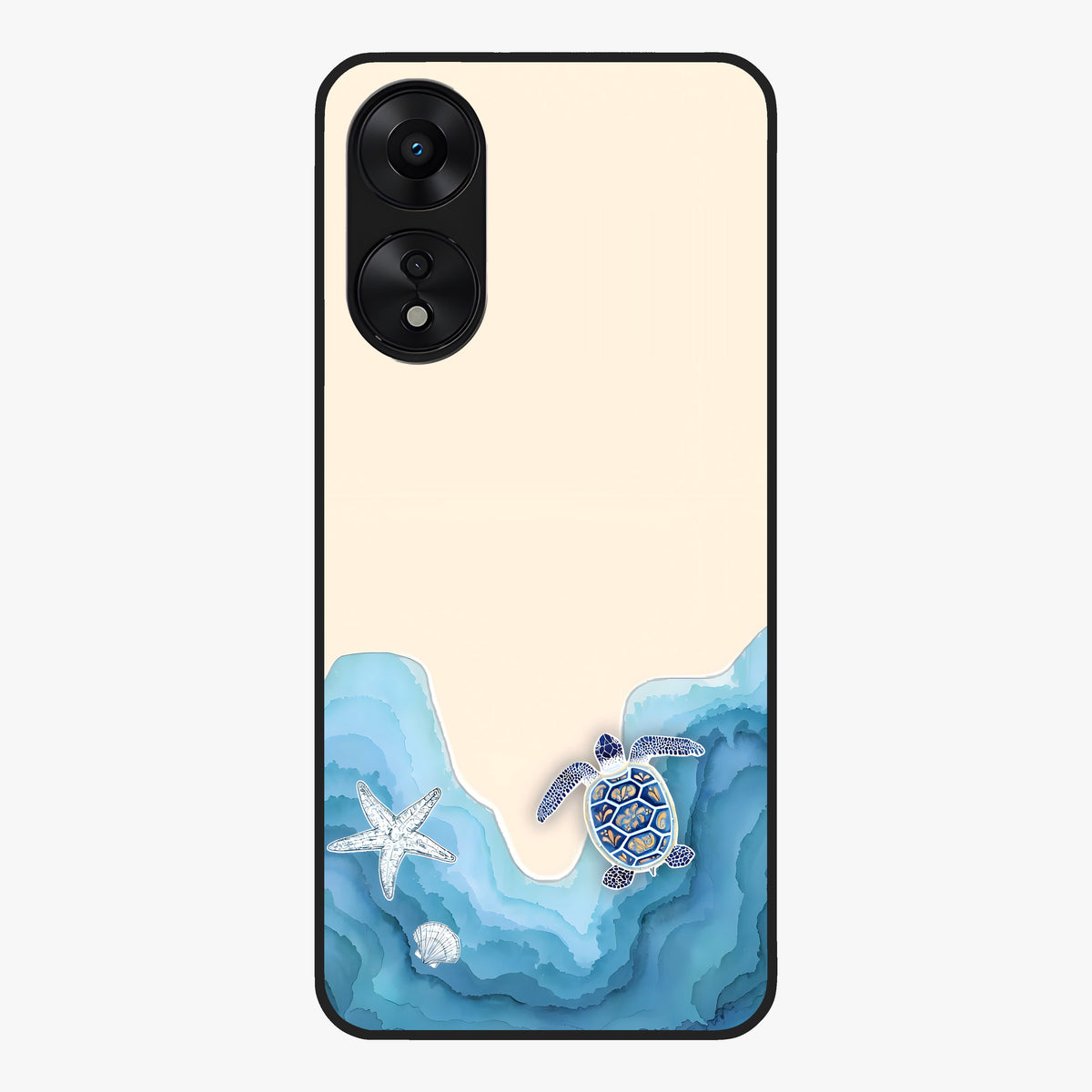 Ocean Drift Turtle Glass Case showing flat back view with sea turtle artwork and glossy glass finish.