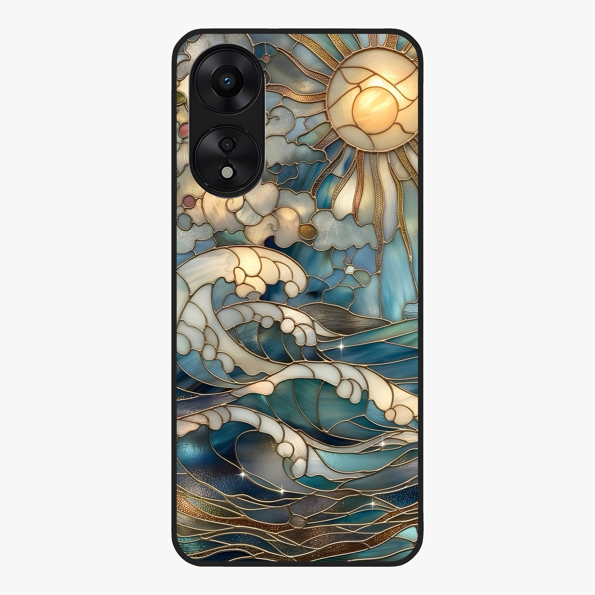Oceanic Stained Printed Glass Case showing flat back view with ocean inspired stained pattern artwork and glossy glass finish.