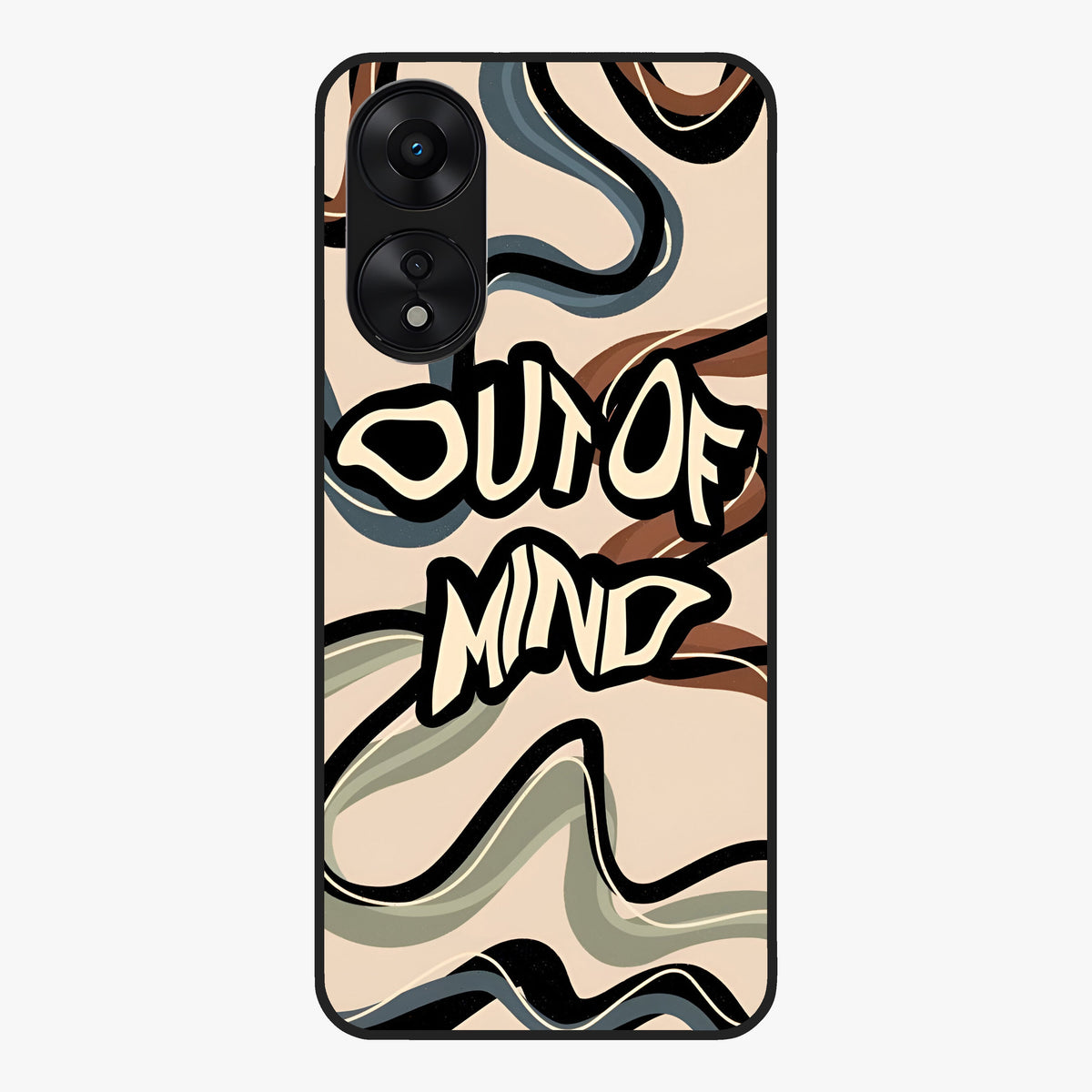 Out Of Mind Glass Case showing flat back view with expressive typography artwork and glossy glass finish.