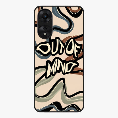 Out Of Mind Glass Case showing flat back view with expressive typography artwork and glossy glass finish.