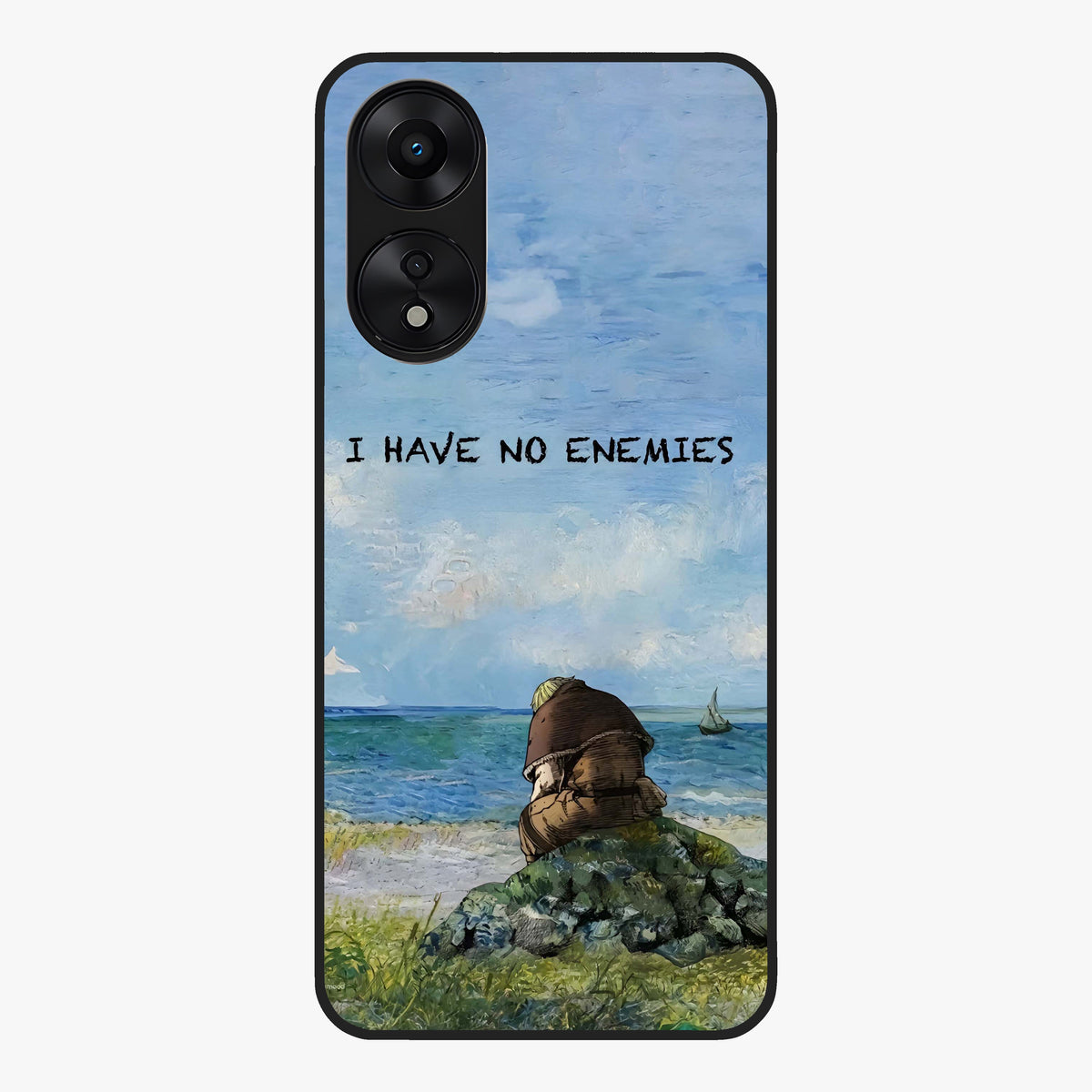 Peace Beyond War Glass Case showing flat back view with symbolic peace themed artwork and glossy glass finish.