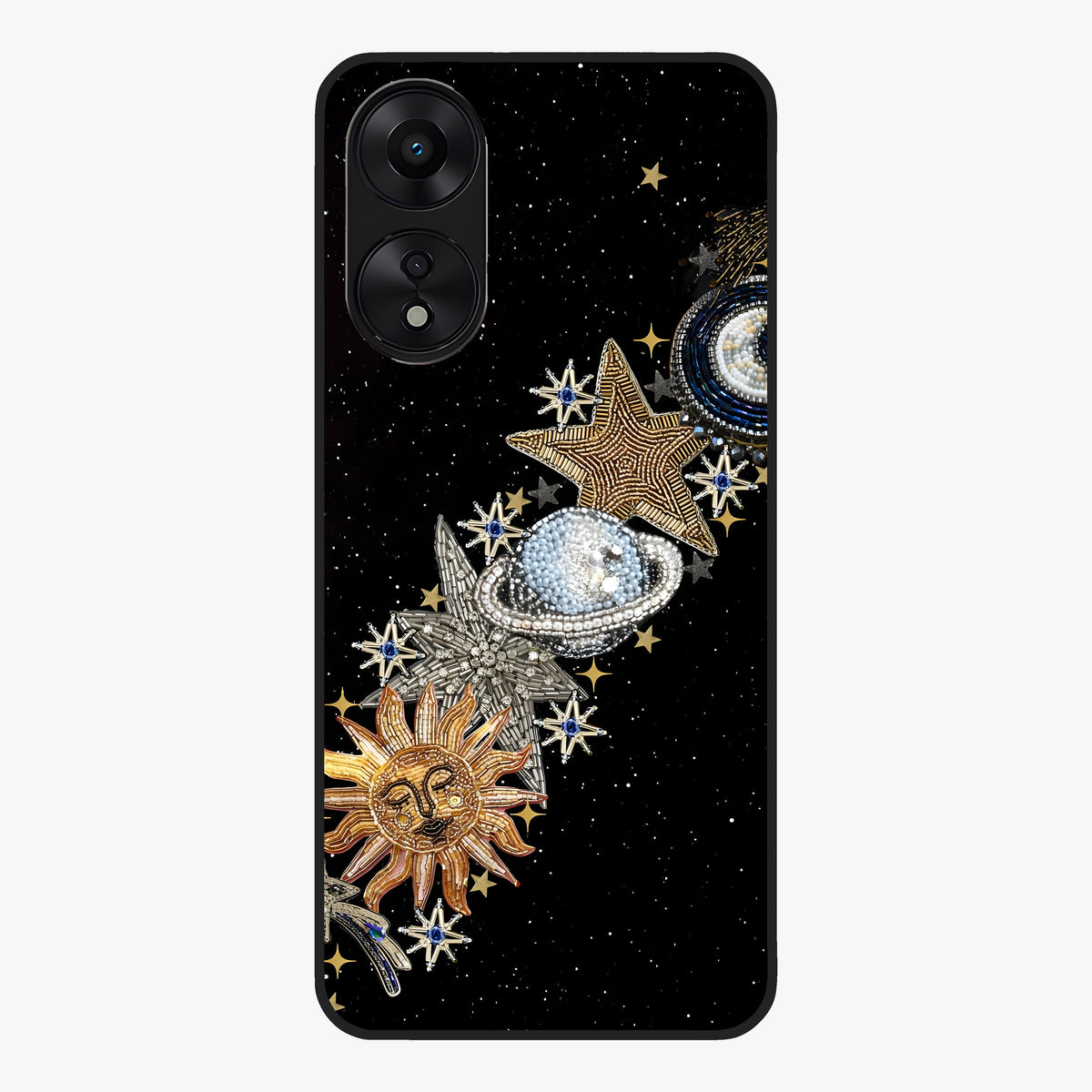 Pearls Universe Object Glass Case showing flat back view with pearl inspired cosmic artwork and glossy glass finish.