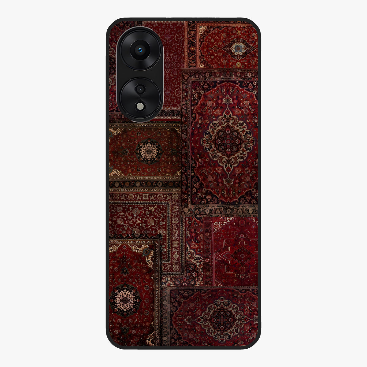 Persian Velvet Tale Glass Case showing flat back view with luxurious Persian velvet pattern artwork and glossy glass finish.