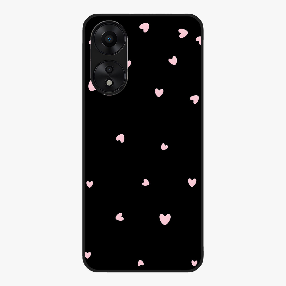 Pink Love Drops Glass Case showing flat back view with playful pink heart drops artwork and glossy glass finish.