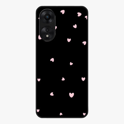 Pink Love Drops Glass Case showing flat back view with playful pink heart drops artwork and glossy glass finish.