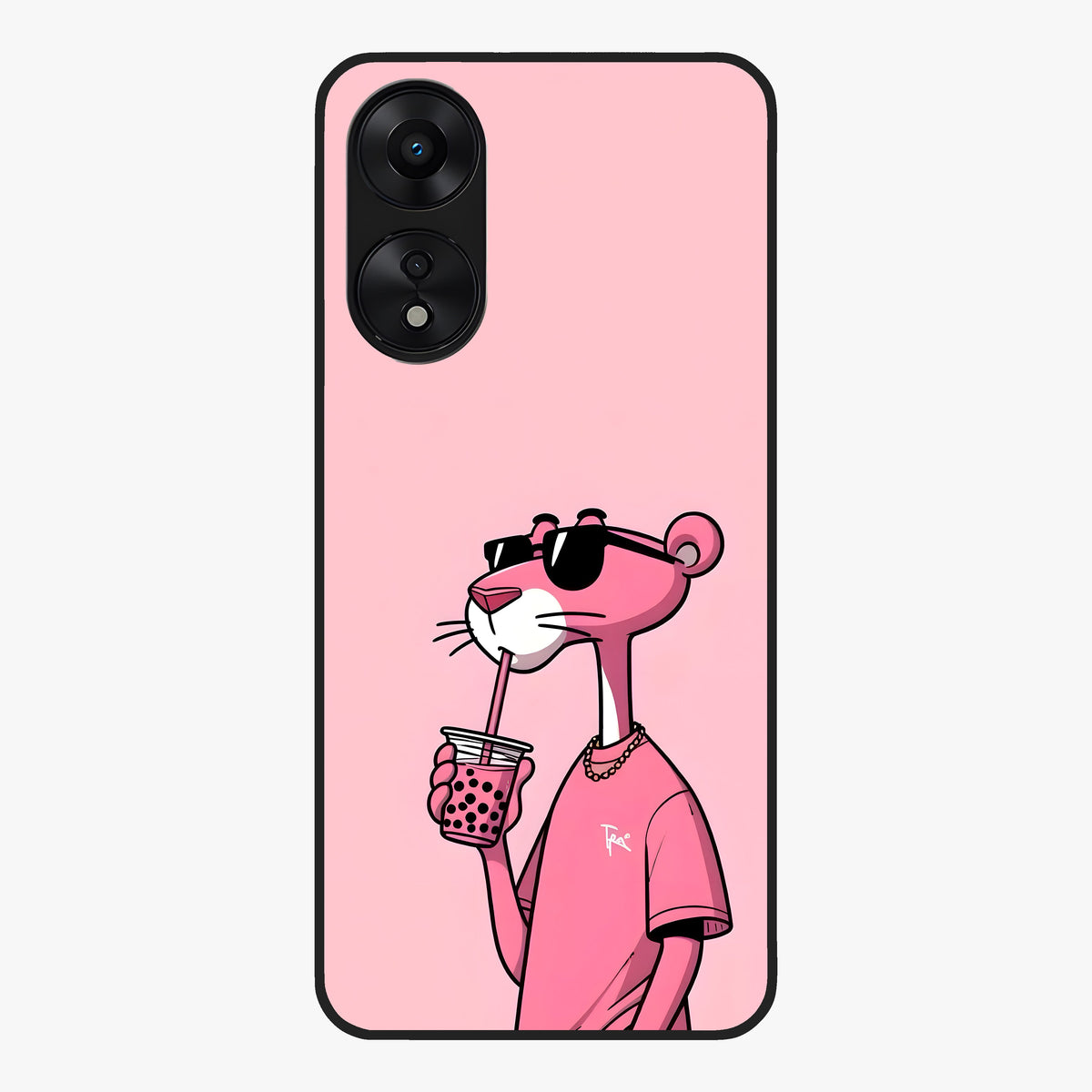 Pink Panther Glass Case showing flat back view with iconic pink panther artwork and glossy glass finish.