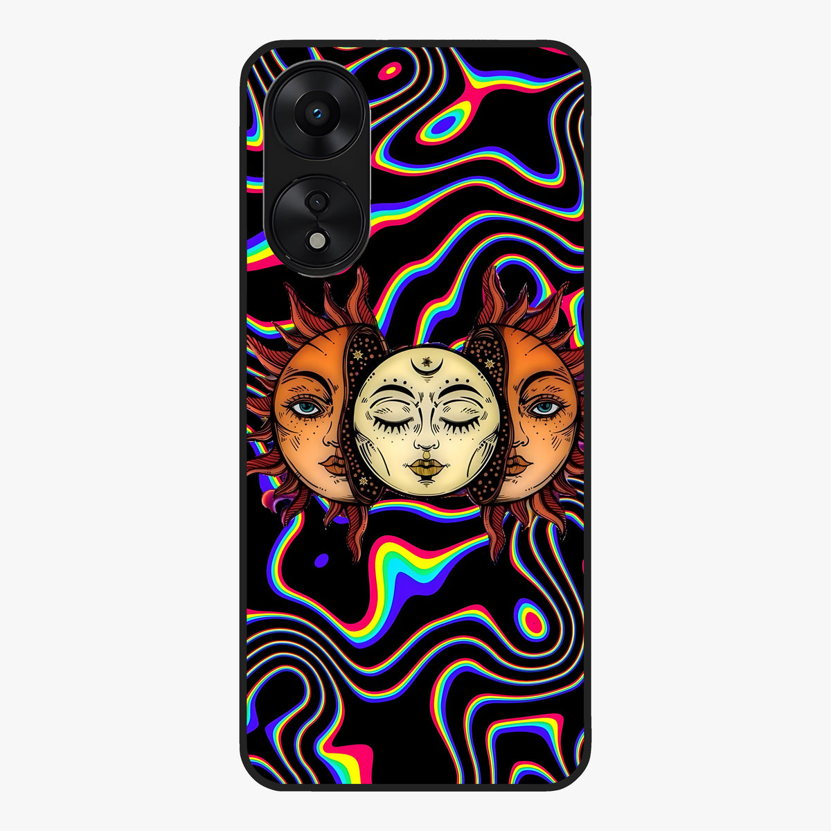Psychedelic Sun Glass Case showing flat back view with colorful psychedelic sun artwork and glossy glass finish.