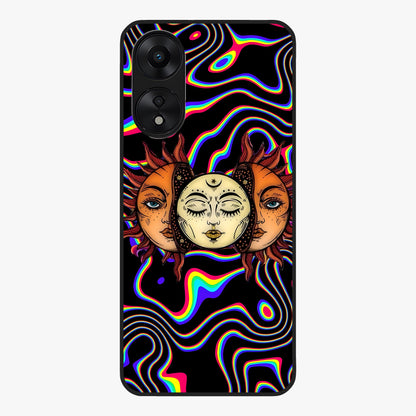 Psychedelic Sun Glass Case showing flat back view with colorful psychedelic sun artwork and glossy glass finish.