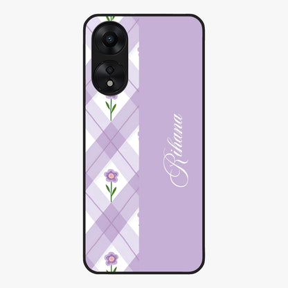 Purple Diamond Floral Glass Case showing flat back view with diamond shaped floral artwork and glossy glass finish.