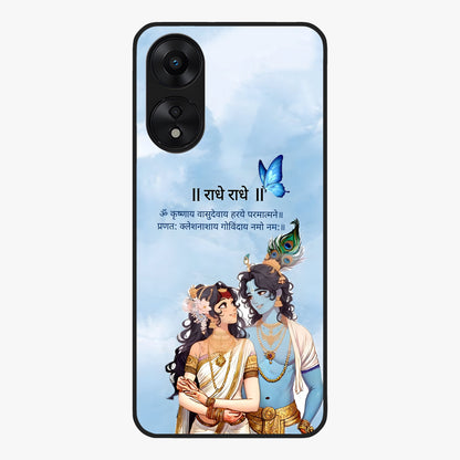 Radha Krishna Eternal Glass Case showing flat back view with Radha Krishna devotional artwork and glossy glass finish.