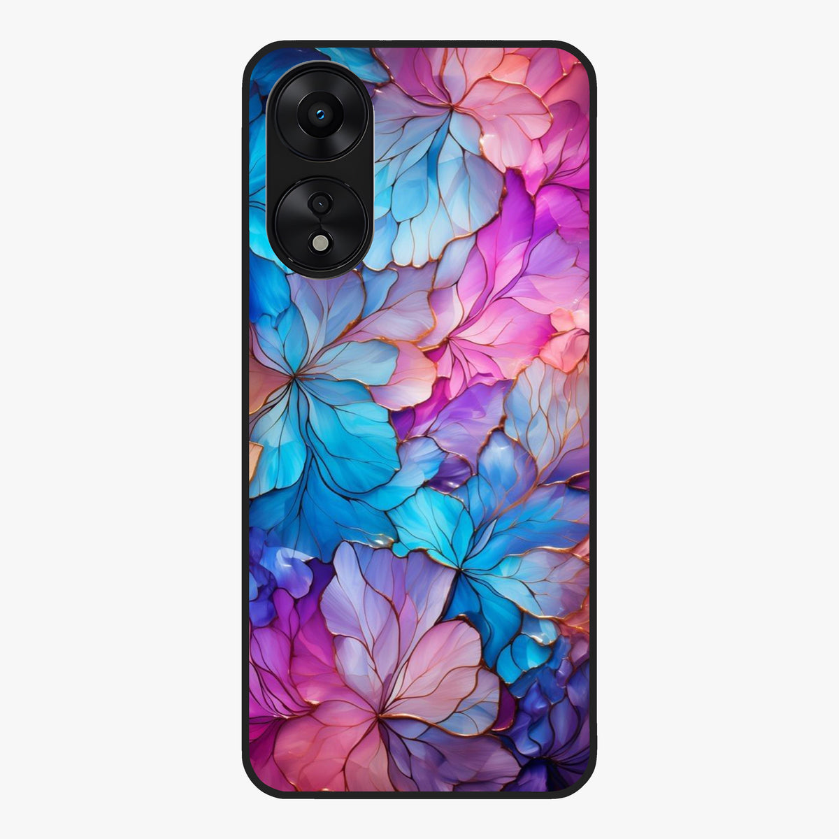 Radiant Floral Whirl Glass Case showing flat back view with swirling floral artwork and glossy glass finish.