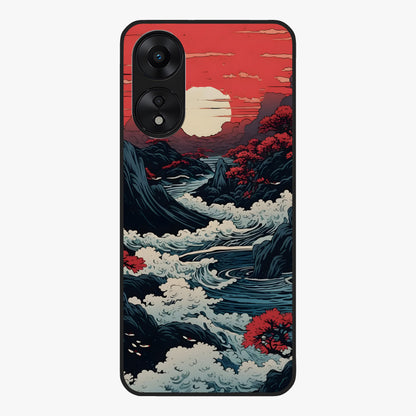 Red Sunset Scenery Glass Case showing flat back view with vibrant sunset landscape artwork and glossy glass finish.