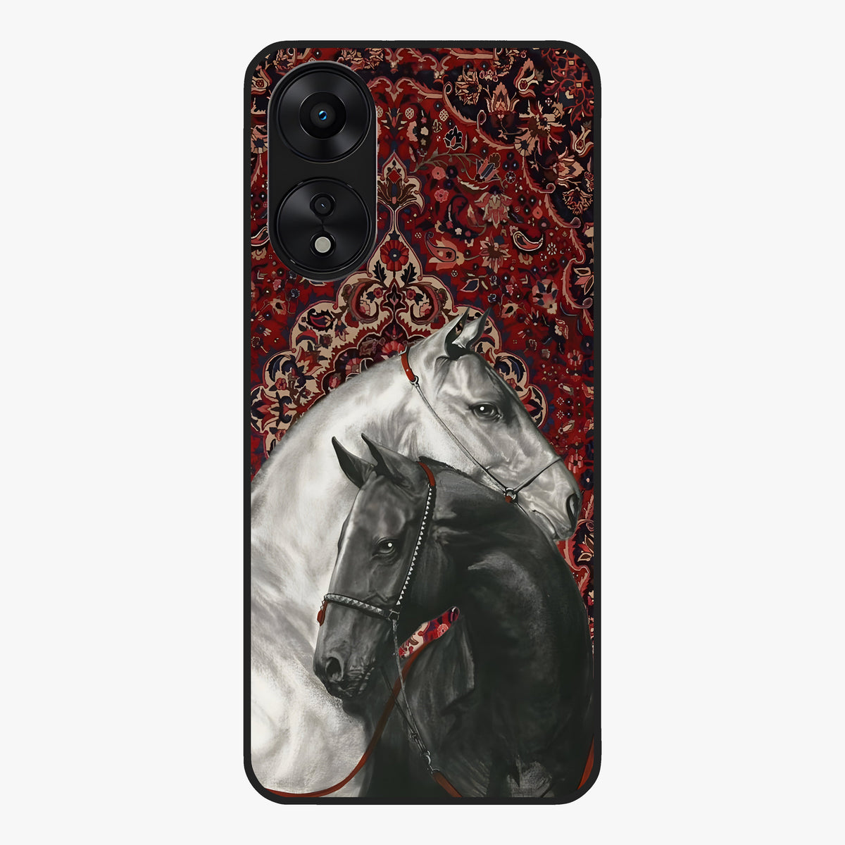 Regal Stallion Tapestry Glass Case showing flat back view with majestic horse tapestry artwork and glossy glass finish.