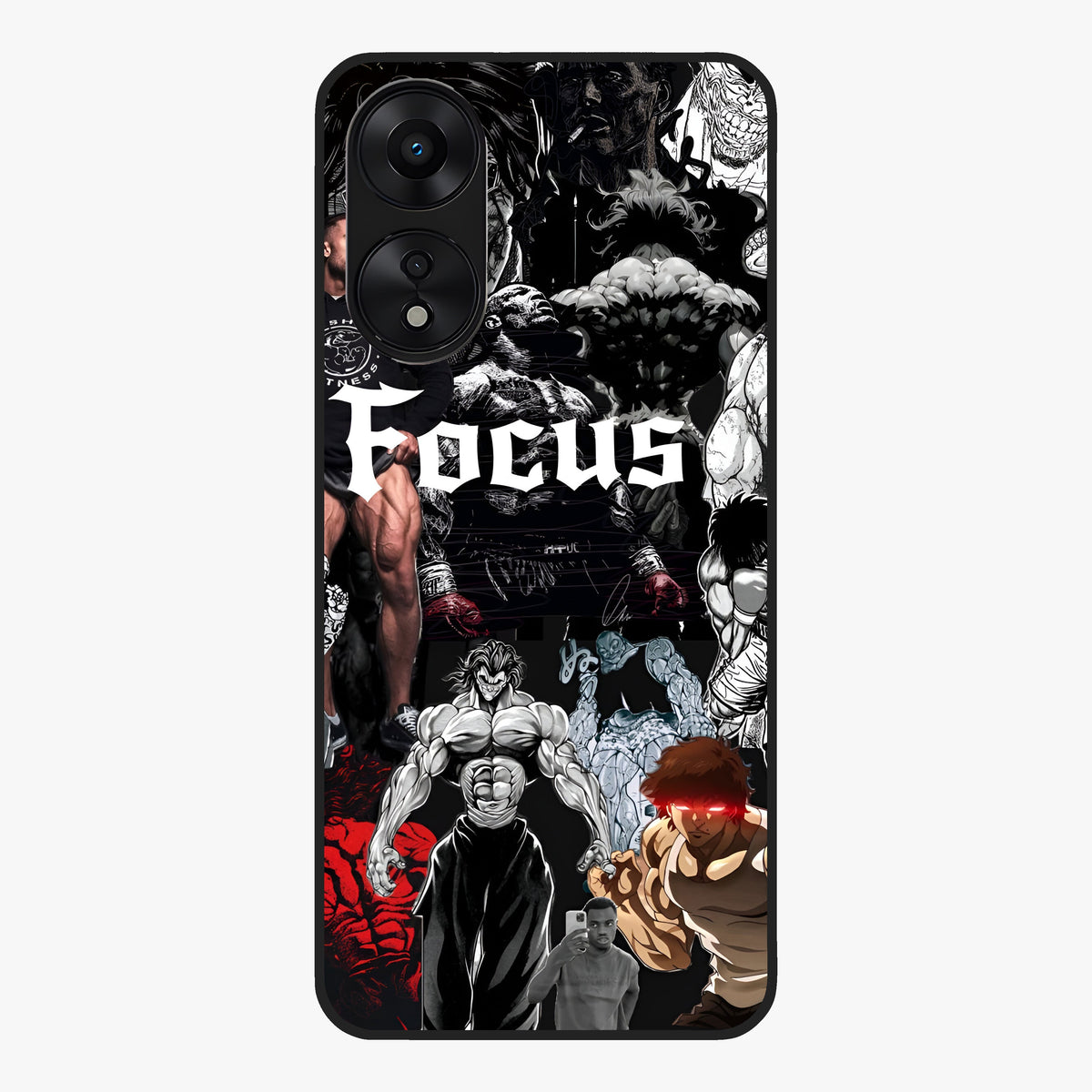 Relentless Power Focus Glass Case showing flat back view with motivational typography artwork and glossy glass finish.
