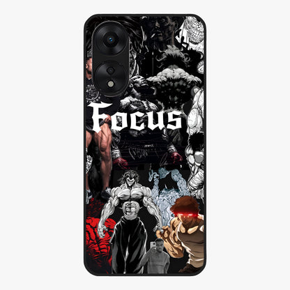 Relentless Power Focus Glass Case showing flat back view with motivational typography artwork and glossy glass finish.
