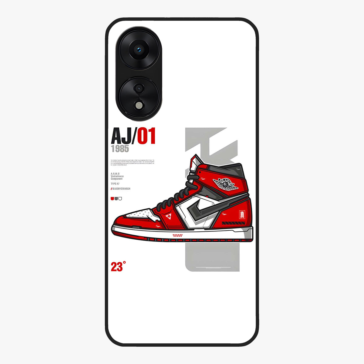 Retro Sneaker Blueprint Glass Case showing flat back view with sneaker blueprint style artwork and glossy glass finish.