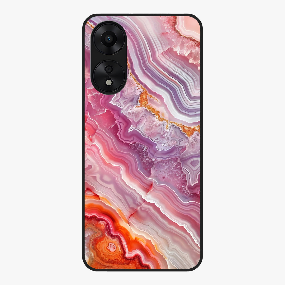 Rose Quartz Marble Glass Case showing flat back view with pink marble quartz texture artwork and glossy glass finish.