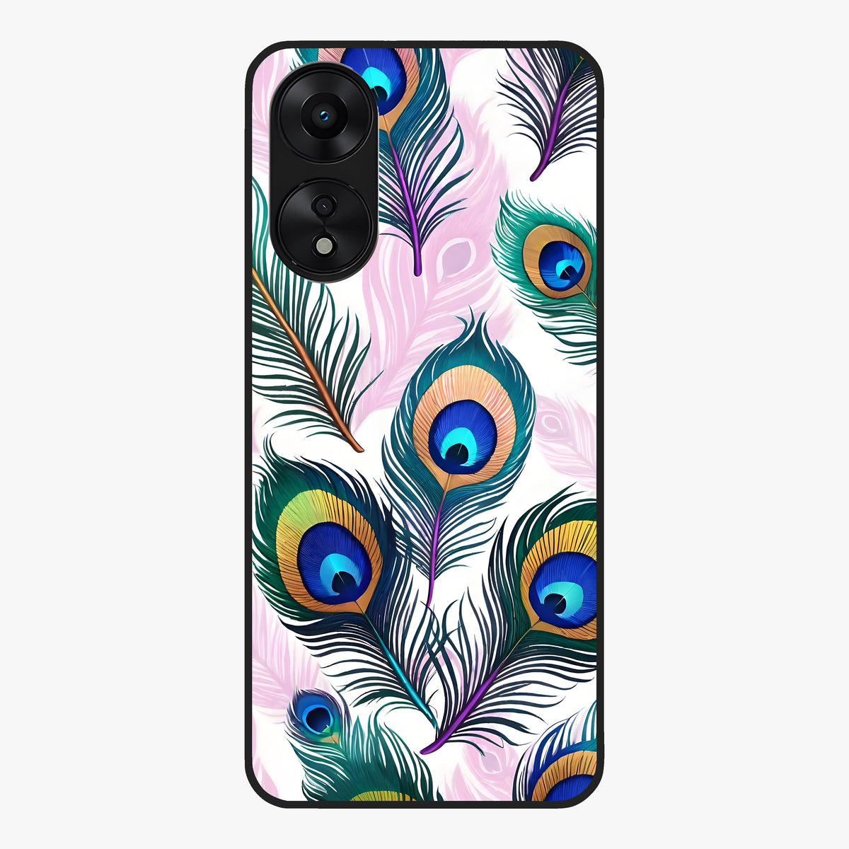 Royal Peacock Feathers Glass Case showing flat back view with colorful peacock feather artwork and glossy glass finish.