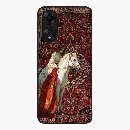 Royal Rider Tapestry Glass Case showing flat back view with majestic horse rider tapestry artwork and glossy glass finish.