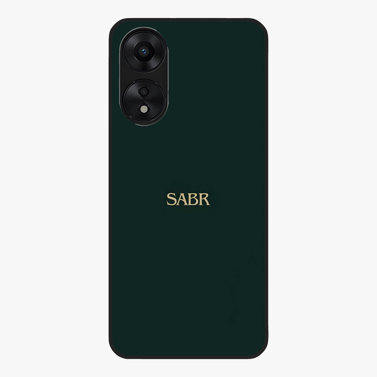 Sabr Minimal Patience Glass Case showing flat back view with minimalist typography artwork and glossy glass finish.