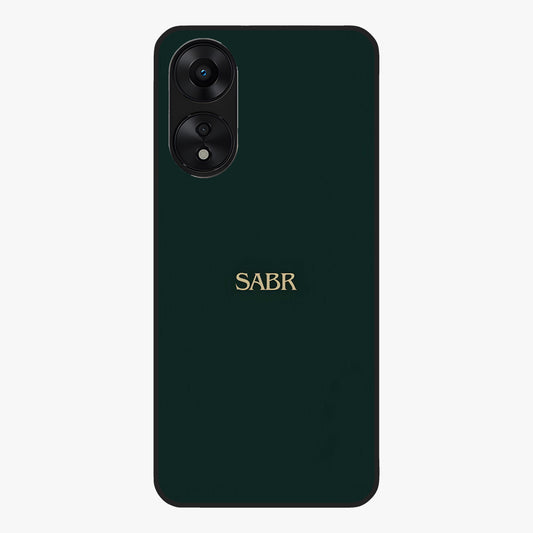 Sabr Minimal Patience Glass Case showing flat back view with minimalist typography artwork and glossy glass finish.