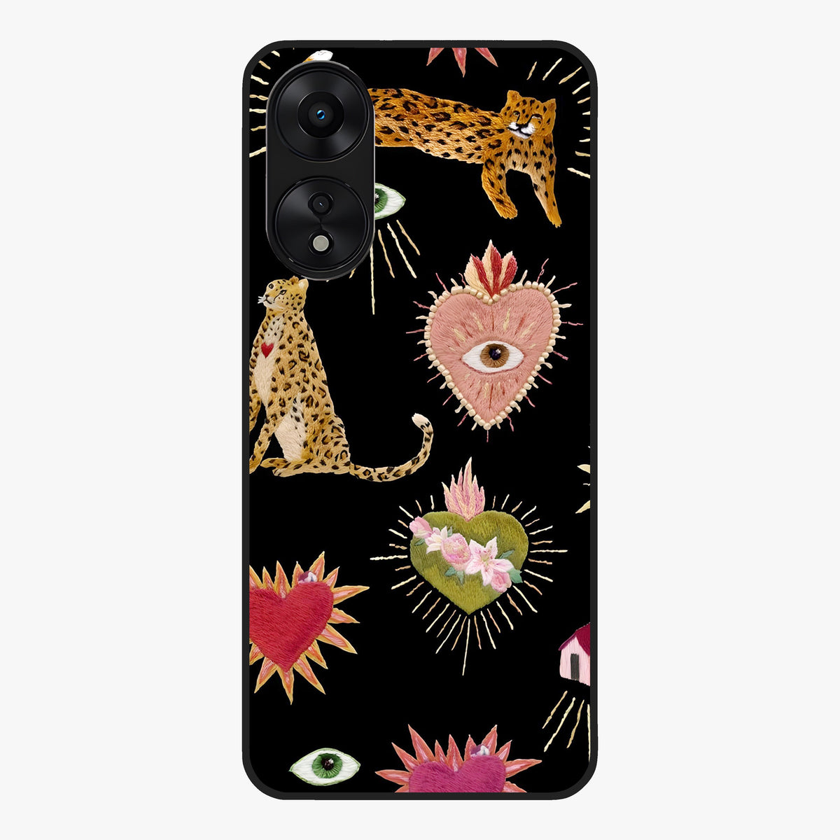 Sacred Jungle Heart Glass Case showing flat back view with jungle inspired heart artwork and glossy glass finish.