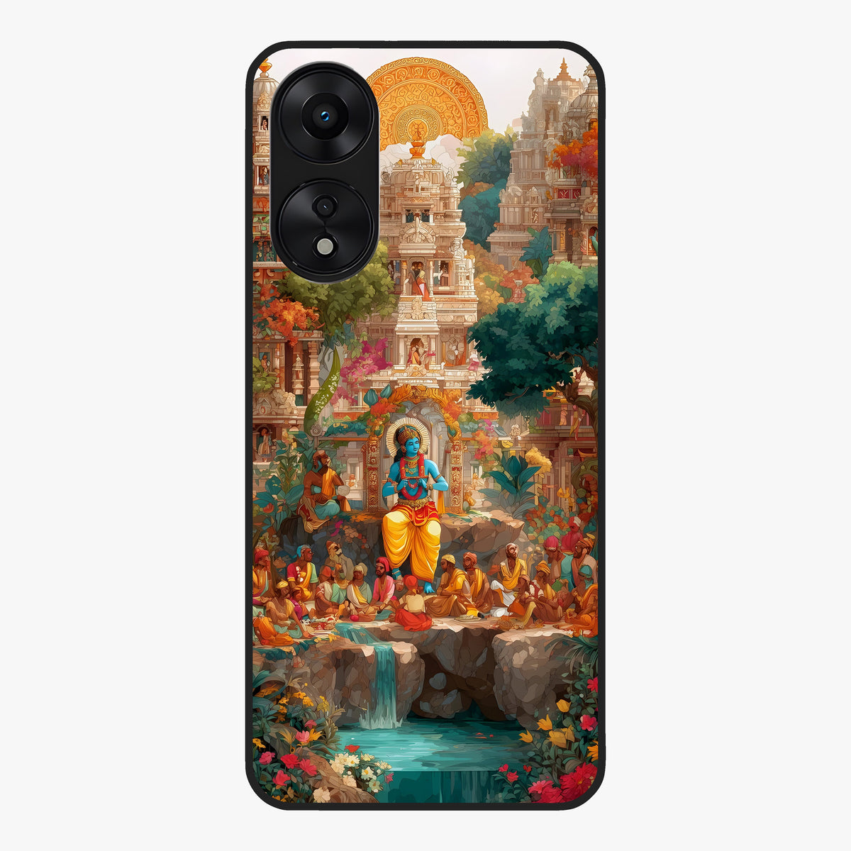 Sacred Sunlight Gods Glass Case showing flat back view with divine sunlight themed artwork and glossy glass finish.