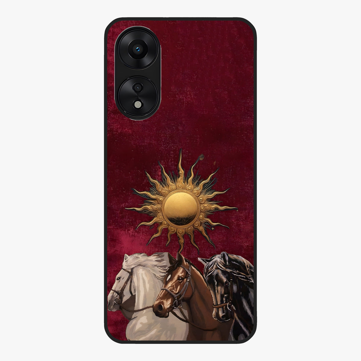 Solar Riders Glass Case showing flat back view with dynamic rider themed artwork and glossy glass finish.