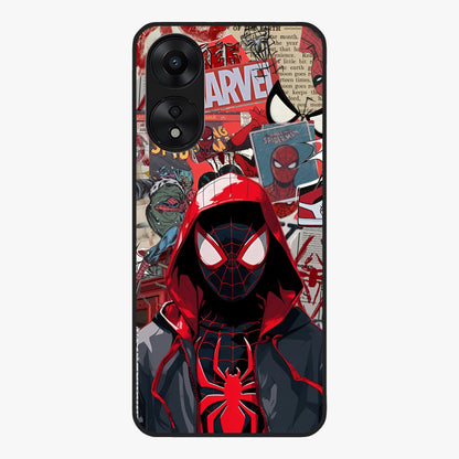 Spider Collage Street Glass Case showing flat back view with vibrant superhero collage artwork and glossy glass finish.
